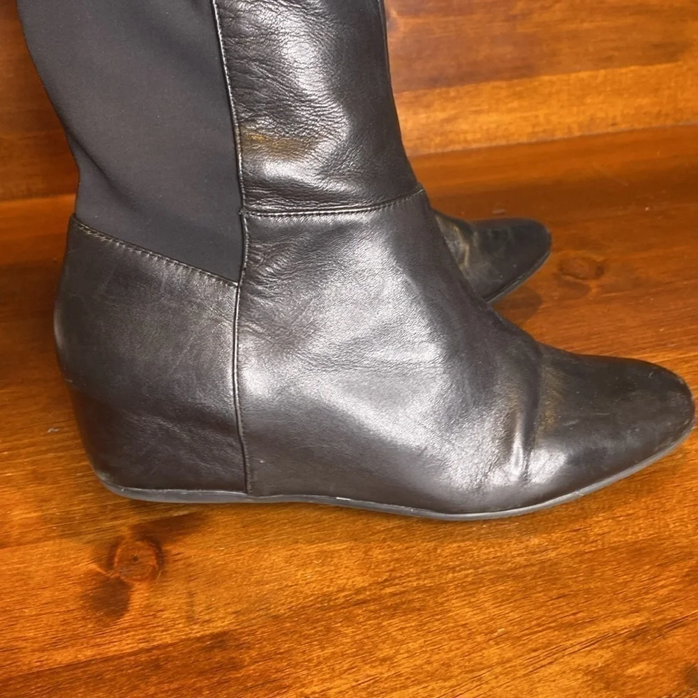 BCBG black leather & fabric tall knee high hidden wedge boots black size 10